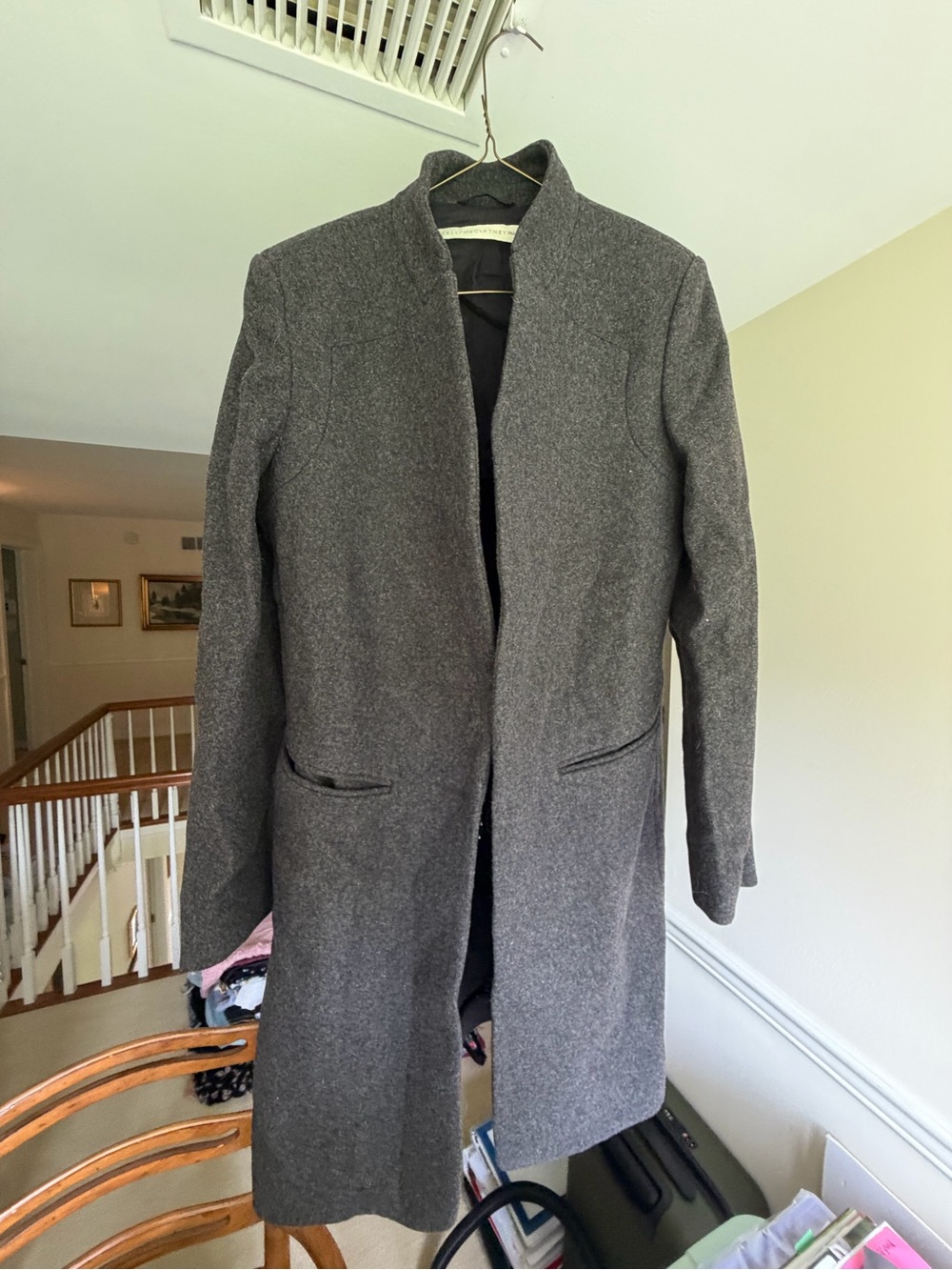 Stella McCartney Charcoal Gray Collarless Long Trench Coat